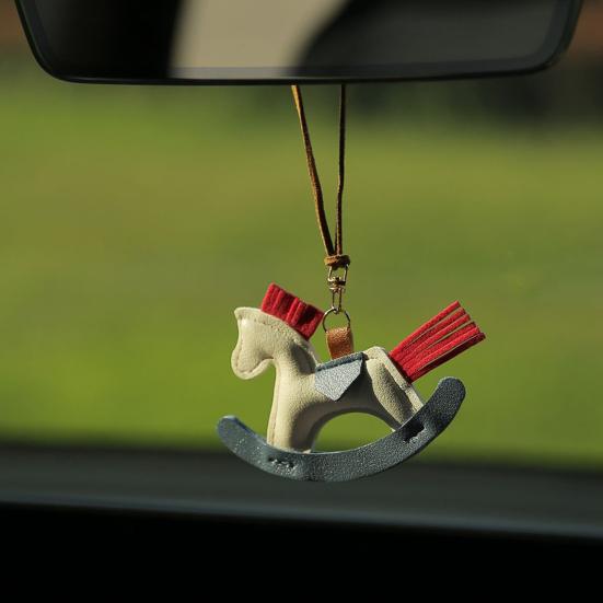 Cute Pony Pendant Car Rearview Mirror Charm Elegant Faux Leather Hanging Ornament for Car
