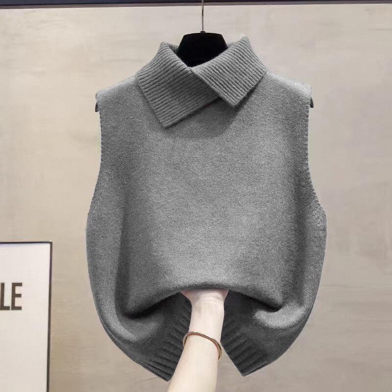 Otoño Invierno Coreano Color Sólido Solapa Sin Mangas Versátil Casual Chaleco Tejido Para Mujer