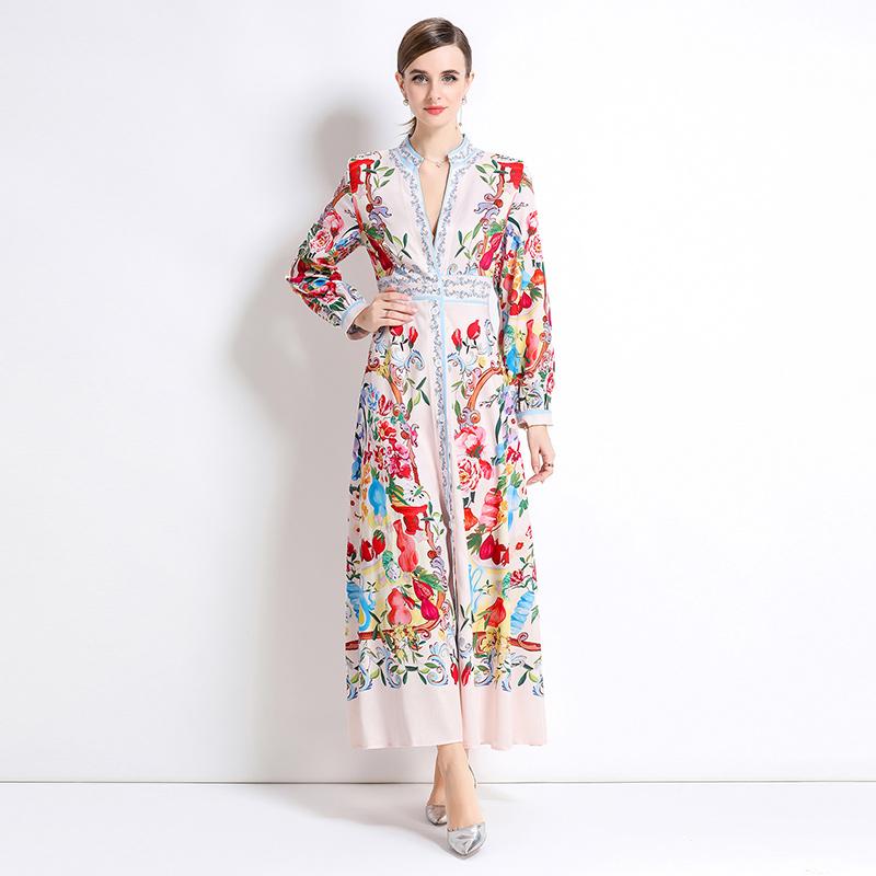

Spring Autumn Women Designer Print Runway Dress V-neck Single Breasted Long Maxi Party Dresses XXL