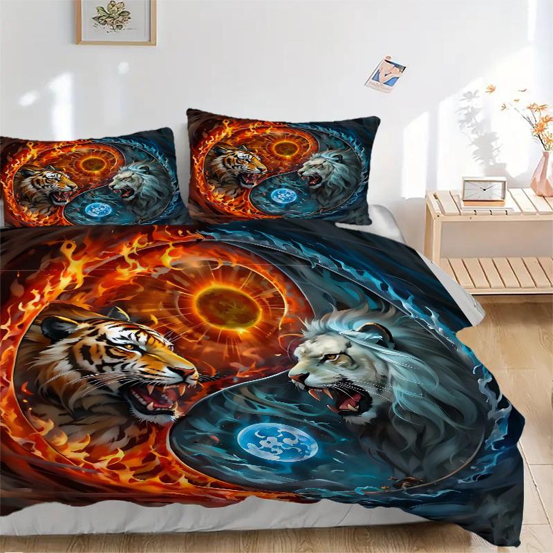 3pcs Tiger Yin Yang of Fire and Ice Bedding Set - Includes 1 Quilt Cover and 2 Pillowcases, Comfortable Bedding with Stylish Design for Bedroom,