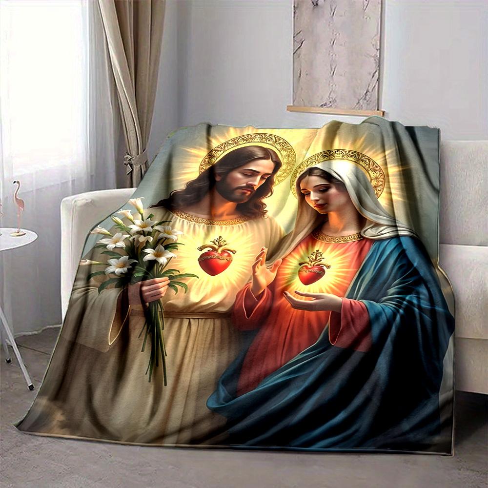 1pc Sacred Hearts Iconography Blanket, Lightweight Flannel Throw For Sofa, Bed, Travel, Camping, Livingroom, Office, Couch, Chair, And Bed,