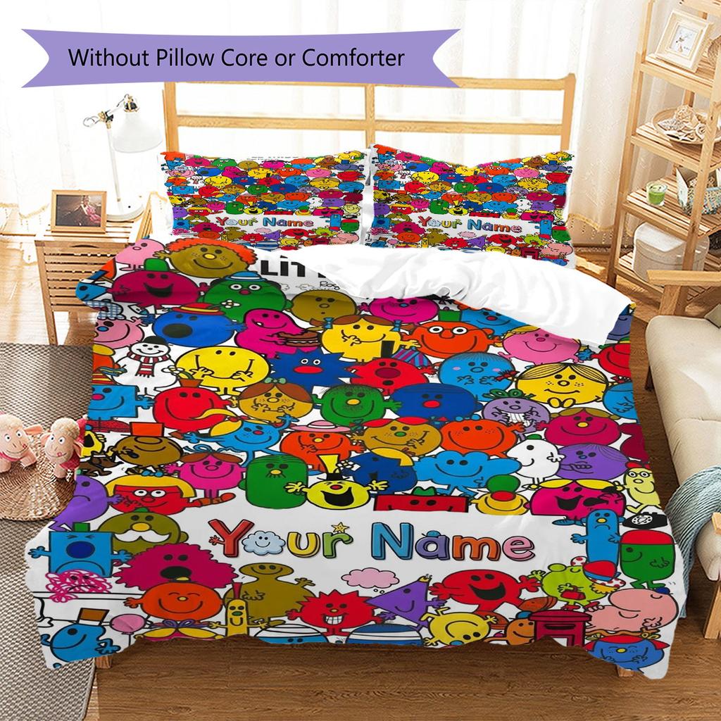 Mr. Men Little Miss Custom Name Pattern Bedding,Quilt Set Quilt Cover Pillowcase Home Birthday Gift(1 * duvet cover + 2 * pillowcase, without core)