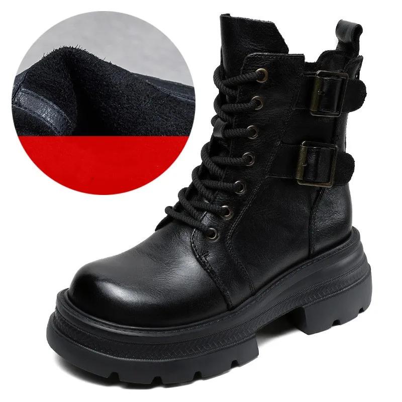 6CM Women Mid Calf Boots 2024 Autumn Winter Quality Genuine Leather Thick High Heel Platform Wide Head Lace-Up Retro Boots