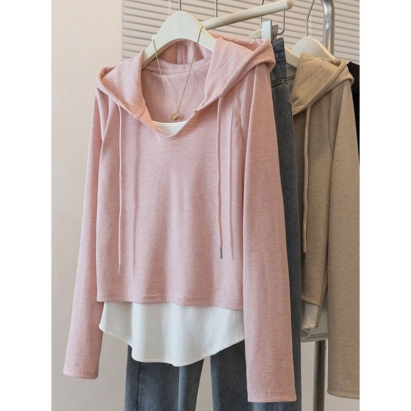 Hooded Sweatshirt Plus Size Ladies Shoulder Asymmetrical Fake Two-Piece