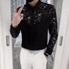 Men Shirt Sequin Star Color Matching Long Sleeve Single Breasted Patchwork Slim Fit Cardigan Turn Down Collar Soft Breathable Mid Length Men Top