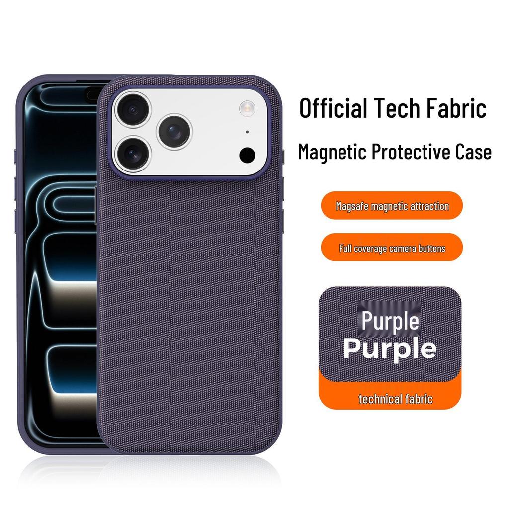 Magnetic Tech Cloth Fabric Phone Case for iPhone 15/16/17 Pro Max with Camera Button Protection.