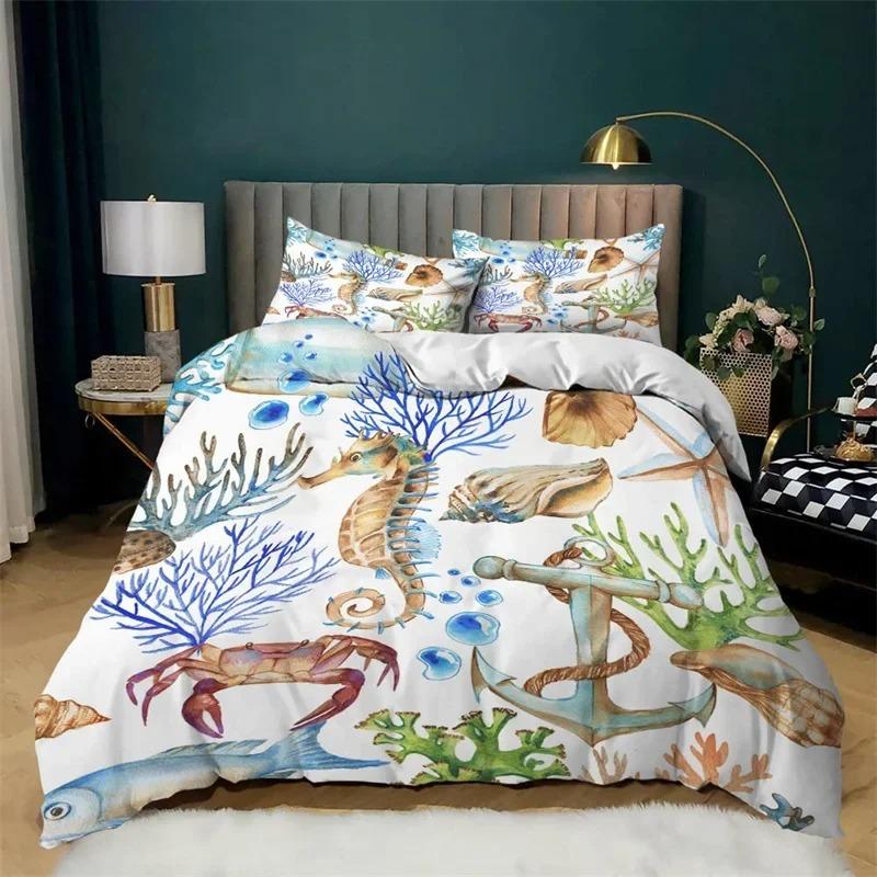 Ocean Bedding Set KingQueen Size Nautical Coastal Bedding Hippocampus Comforter Cover for Kids Boys Girls,Sea Animal Duvet Cover