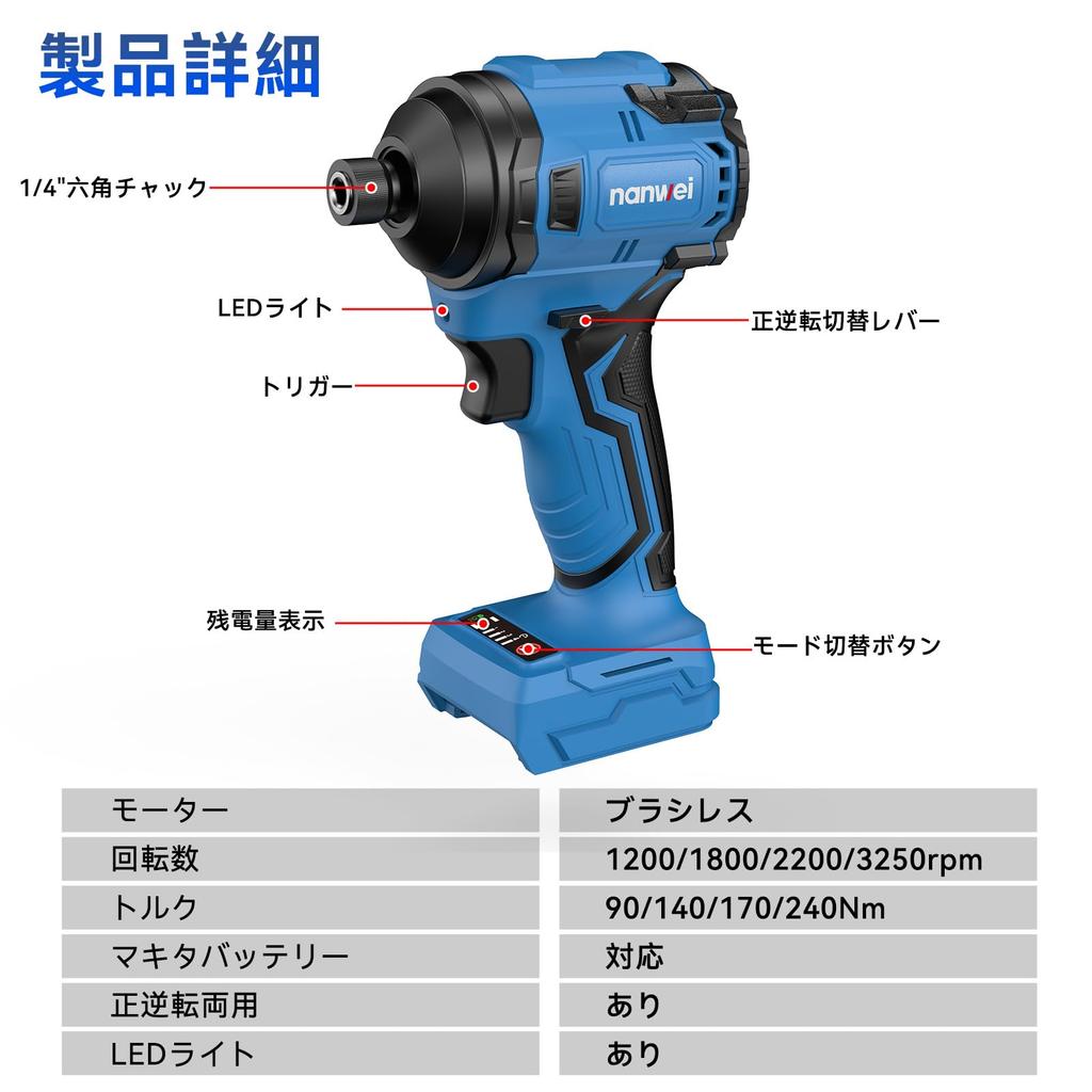 NANWEI Impact Compatible with Makita Max Torque Brushless 4 Output Infinitely Variable High with LED Body Only Sold Driver, 18V, 1/4-inch, 240Nm,