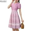 Women Summer Round Neck Short Sleeve Casual Patchwork Print Dress