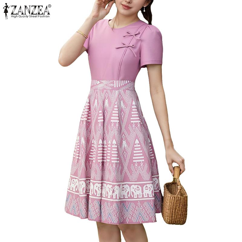 ZANZEA Women Summer Round Neck Short Sleeve Casual Patchwork Print Dress