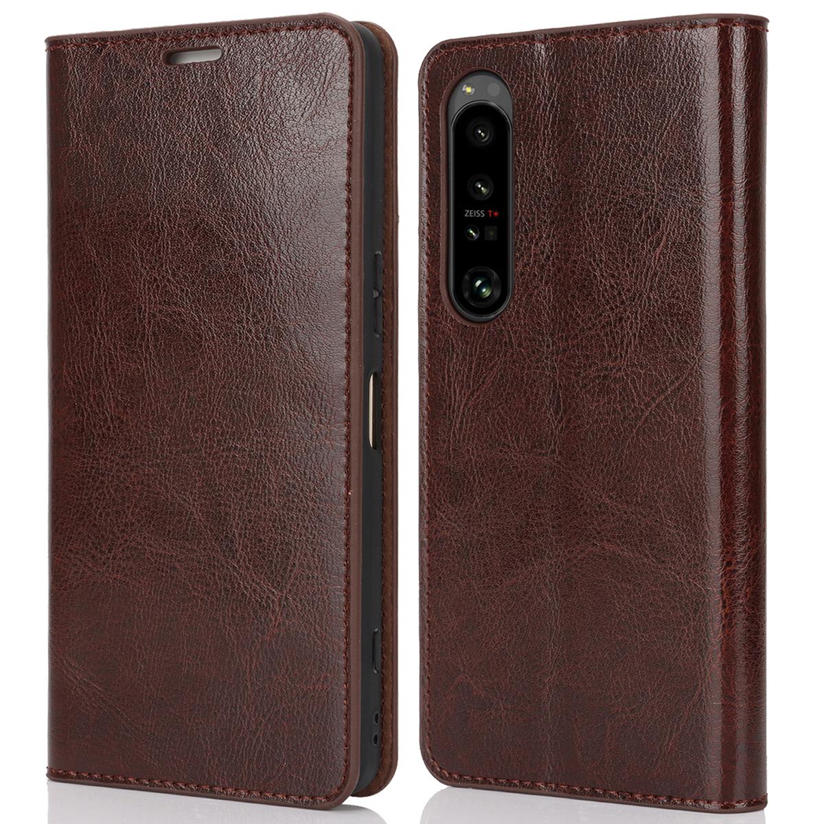 

For Sony Xperia 1 VI Case Split Leather Wallet Card Slots Phone Cover Crazy Horse Texture Dark Brown