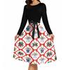 Women's Vintage Christmas Print Long Sleeve Round Neck Evening Party Dress for Holiday Events