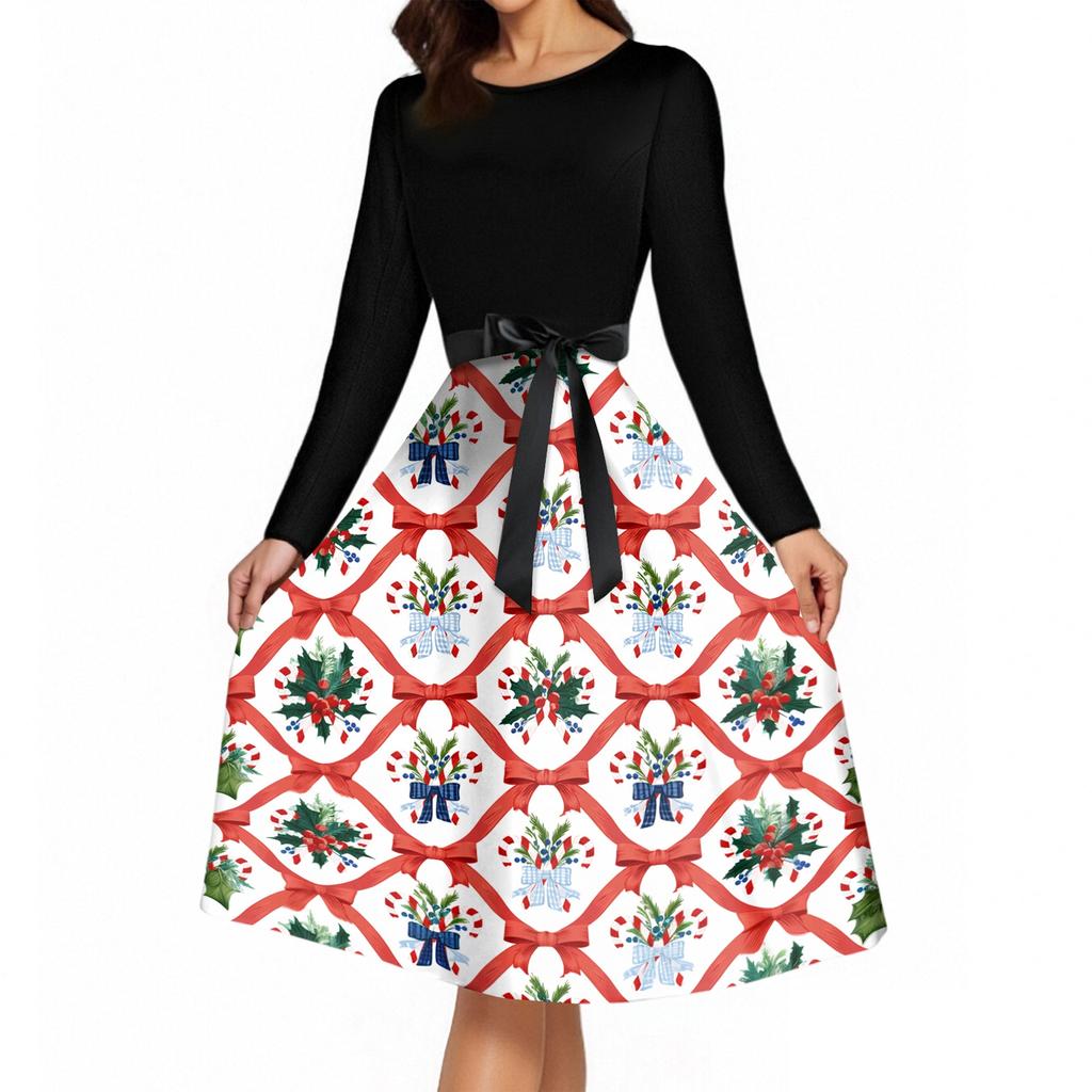 Women's Vintage Christmas Print Long Sleeve Round Neck Evening Party Dress for Holiday Events