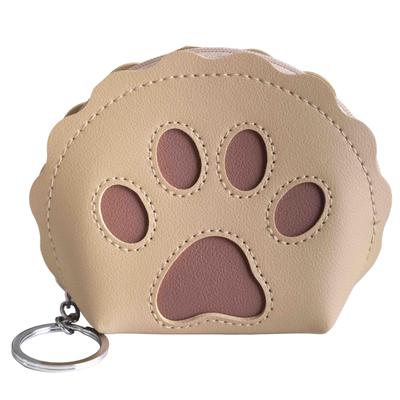 Katzen-Münzbörse, Damen, Katzen-Portemonnaie mit Reißverschluss, Schlüsselanhänger und Kunstleder (Pfotenabdruck, Beige)