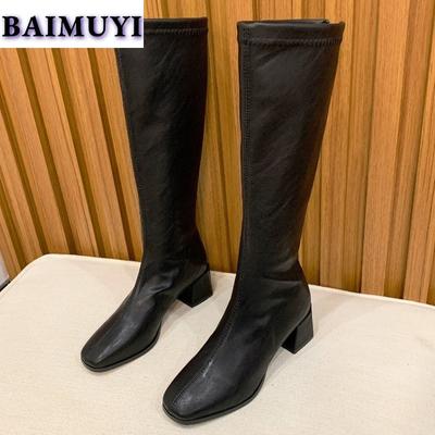 Women Knee High Boots Mid Heels Fashion Square Toe Chunky Shoes Winter 2024 Trend Elegant Pumps Party Goth Chelsea Botas Mujer