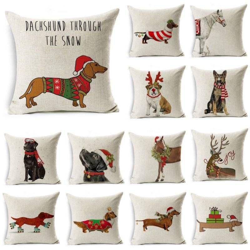 Luxurious 18'' Dachshund Printed Christmas Linen Cushion Cover For Chic Home Decor