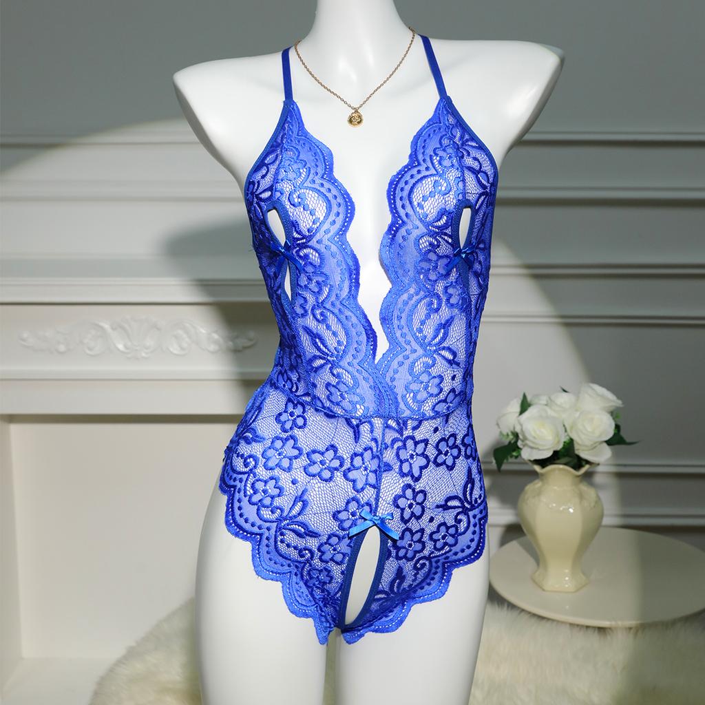 Sexy Crotchless Red Lingerie Women Lace Hollow Bodysuit Transparent Erotic Pajamas Deep V Open Bra Porn Underwear Sets Nightwear