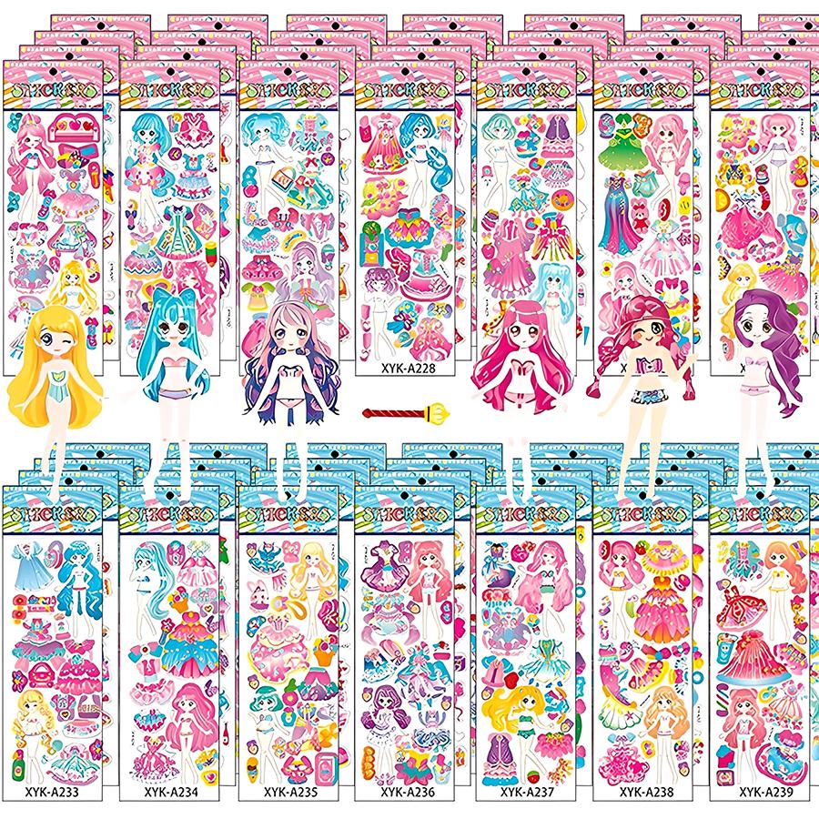 6-24pcs Costume Change Girl Bubble Stickers 3D Cartoon Creative Princess Self-adhesive Graffiti Stickers Student Reward Stickers