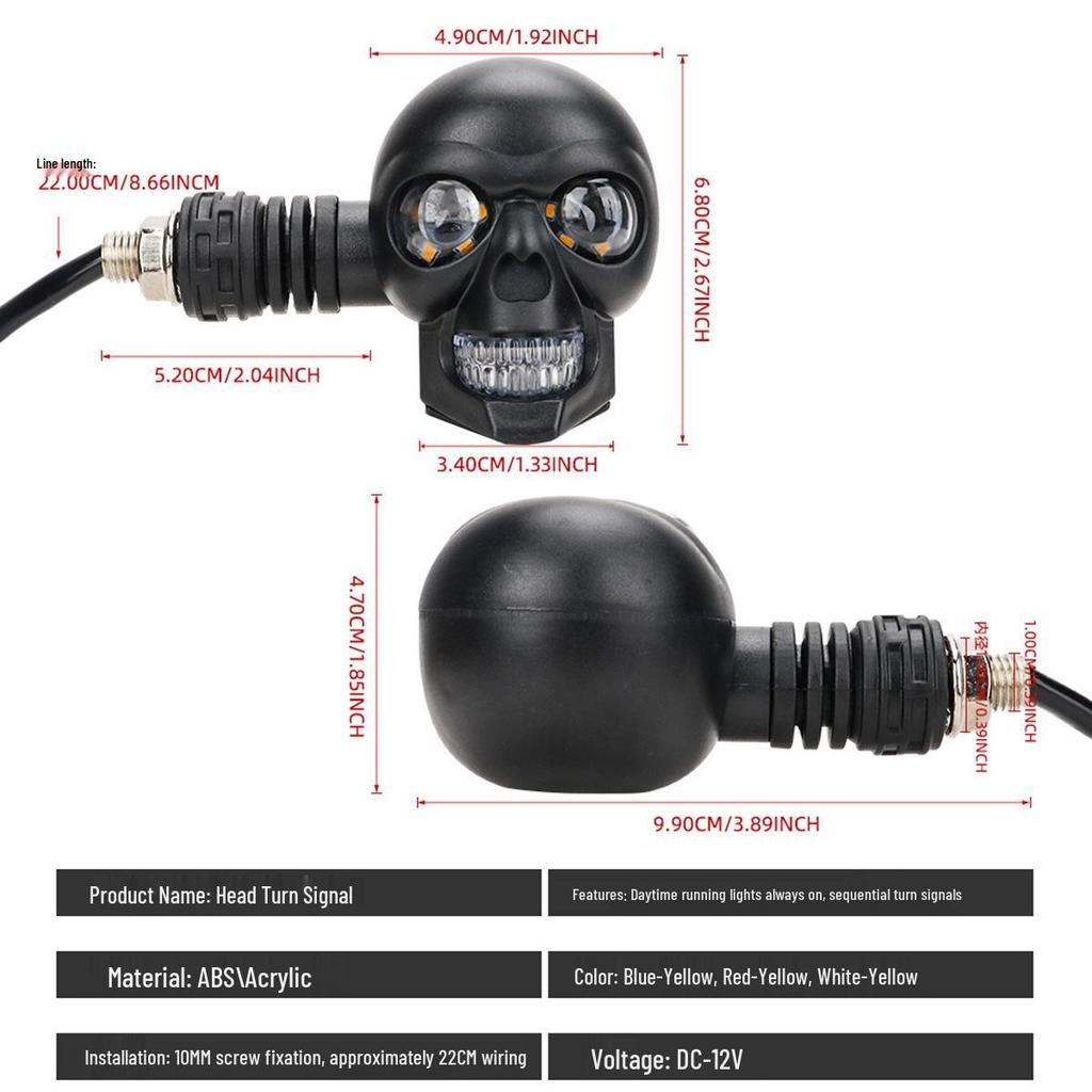 12V Skull LED Motorcycle Turn Signals - White & Yellow Dual Color