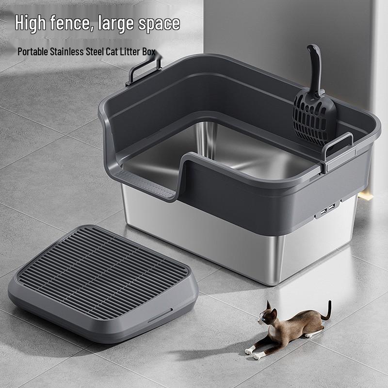 Semi-Enclosed Stainless Steel Cat Litter Box with High Walls, Splash and Leak Resistant, Large Top-Entry Design.