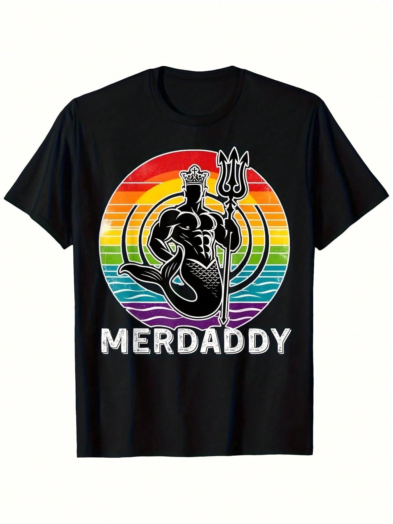 unisex S Black Merdaddy Rainbow Mermaid King Graphic T-Shirt - Bold Mermaid & Trident Design With MERDADDY Lettering, Rainbow Colors, Regular Fit Casu S разноцветный