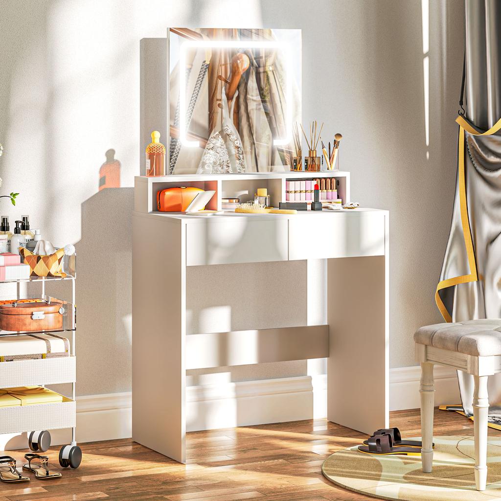 Storage Dressing Table, with LED Light Mirror - White