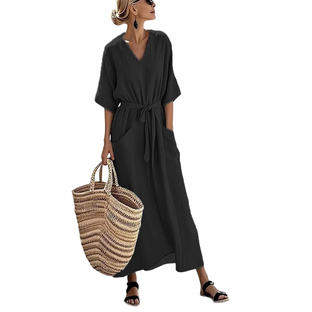 Women's Loose Slimming V-neck Doll Skirt Short Sleeved Knee Length Long Skirt