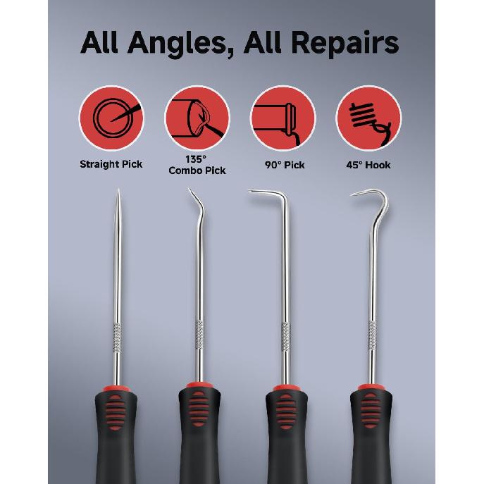 4-Piece Pick Set Mechanic, Automotive Hook and Pick Set with Soft Grip & Non-Slip Shaft, Precision Pick Tool & O Ring Pick for Oil Seal, Gasket,