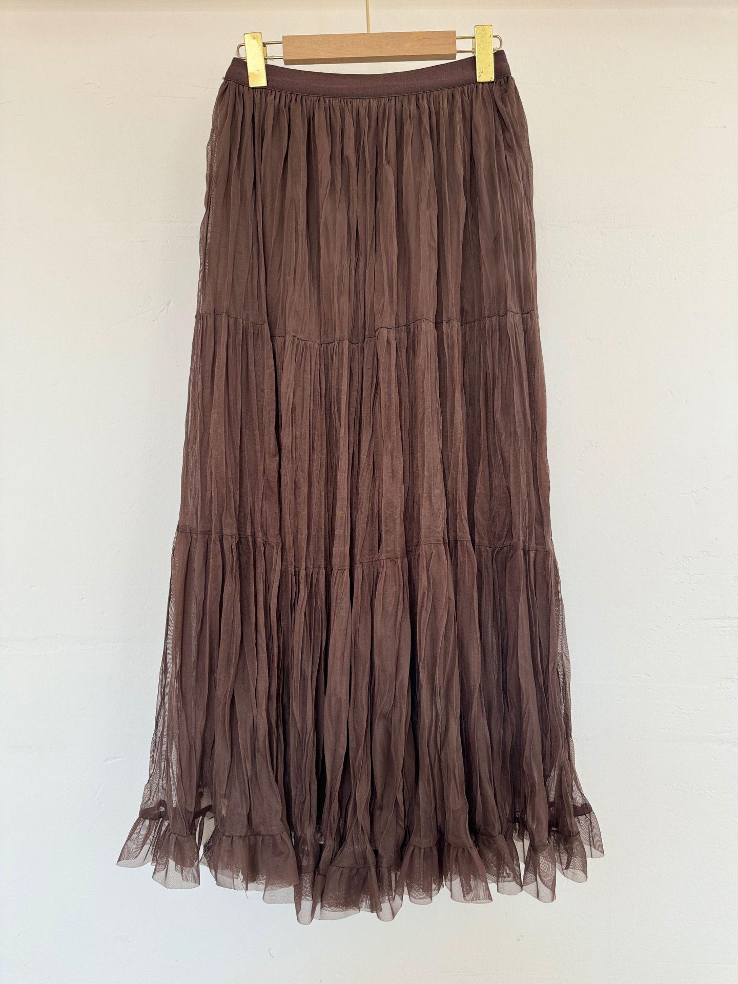 Spring 2026 European & American High-End Pleated Mesh Patchwork Midi Skirt One Size кофейный
