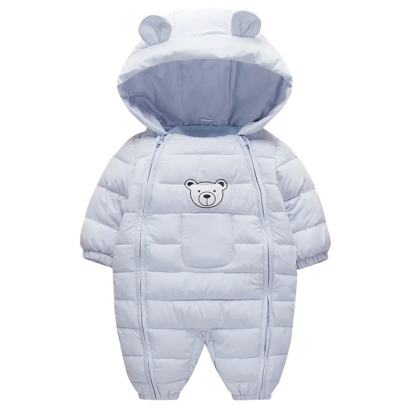 Zimní dětský overal s kapucí medvídka, polstrovaný sněhový oblek, dvojitý zip, tlustý teplý overal, unisex pro novorozence, batolata, chlapce i dívky