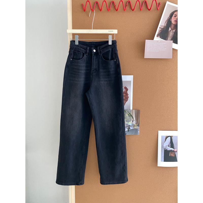 

New Four-Sided Stretch Tencel Narrow Version Jeans Women Four Seasons Basic Version Straight Slimming Straight Wide-Leg Pants Flocking old black and gray-regular 29