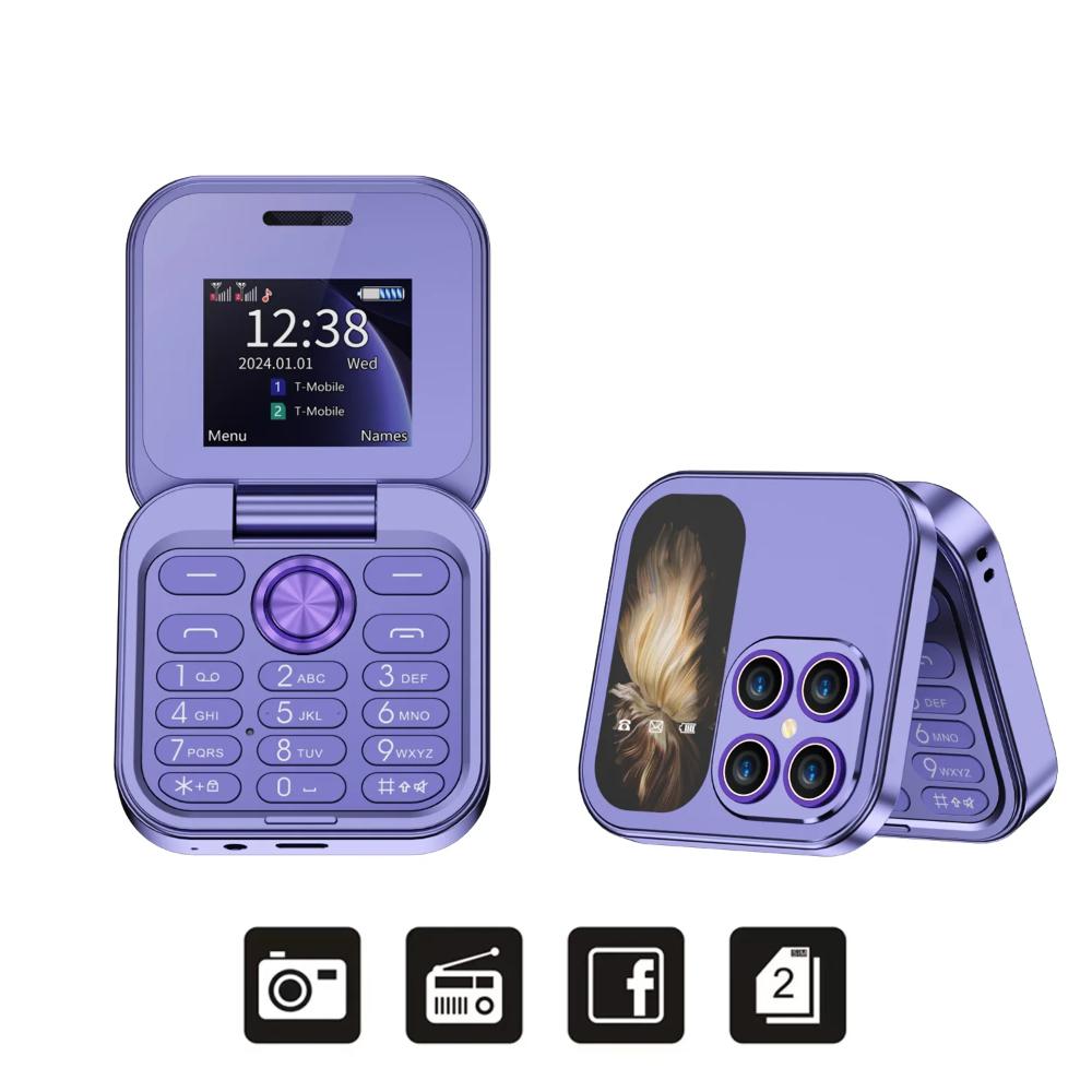 Flip Mobile Phone 2 SIM Standby Magic Voice FM Radio Torcia Blacklist 1.77'' Piccolo Telefono Pieghevole Quadrato