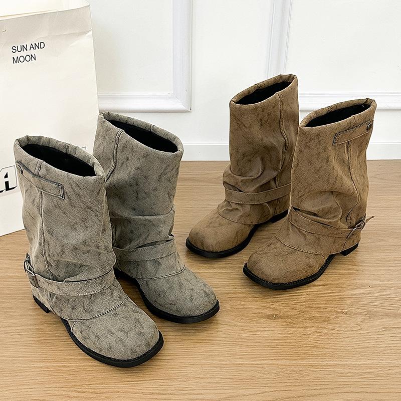 Pile up new boots, fashion boots, medium and short heels, good-looking and thin square-headed women's boots, trousers, short boots, small thick heels