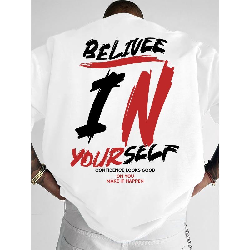 

European sizes Men s American Street Style T-Shirt with Believe in Yourself Brushstroke Print for Daily Commute and Casual Wear 4XL білий