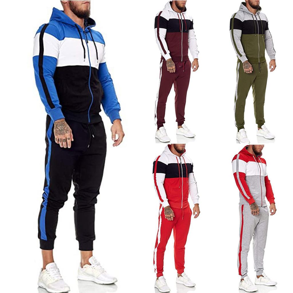 Men's fashion leisure color Patchwork sports fitness Hoodies pants suit