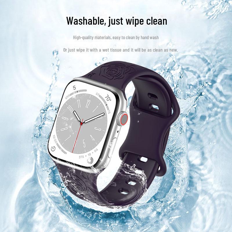 Apple Rose Pattern Silicone Watch Strap for 9th Gen Apple Watch, Laser Engraved Design with Eight-Shaped Buckle