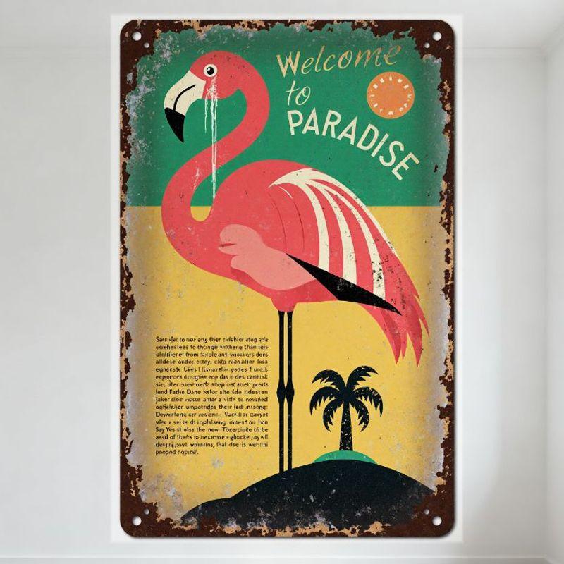 Винтажная ржавая металлическая табличка с фламинго - Добро пожаловать в ПАРАДИЗ Бирюзово-желтый фон Ретро-солнце Пальма Настенный декор для дома Бара 20x30cm（7.8x11.8inch）
