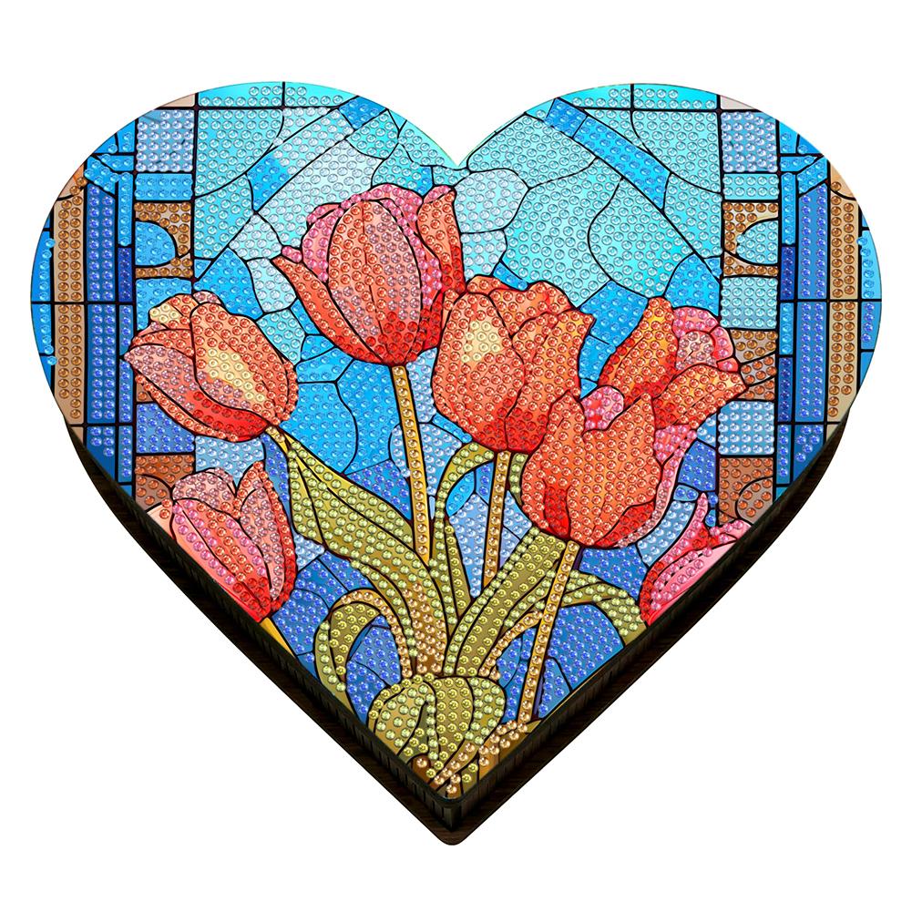 Wood Diamond Painting Jewelry Organizer Flower Bird Crystal Rhinestone Diamond Art Jewelry Case Heart Rose Tulip for Adults Kids