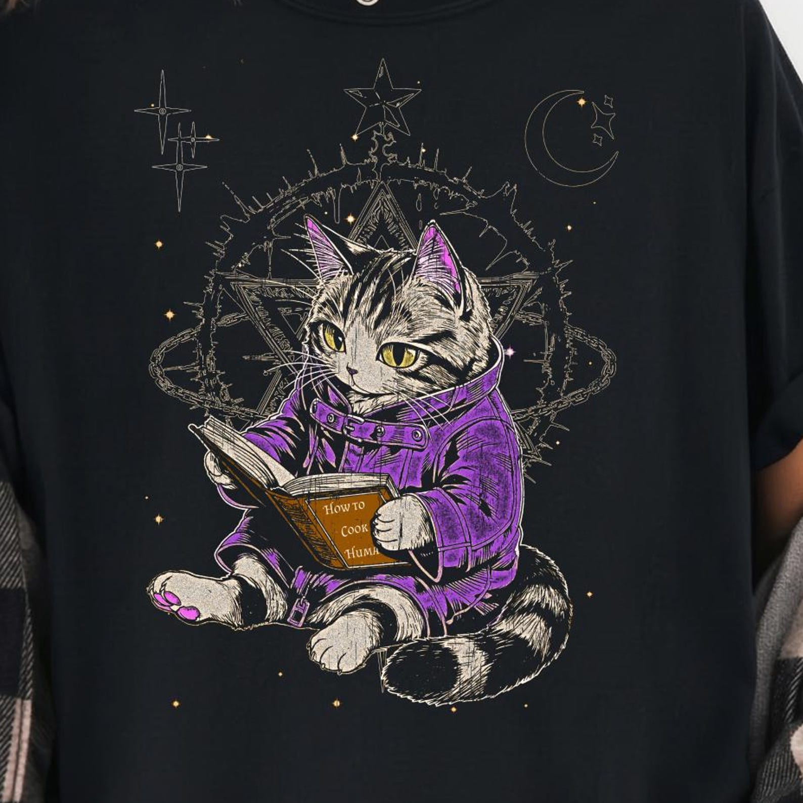 Gothic Cat Shirt, Witchy Anime Tee, Dark Humor Occult Graphic Top XL