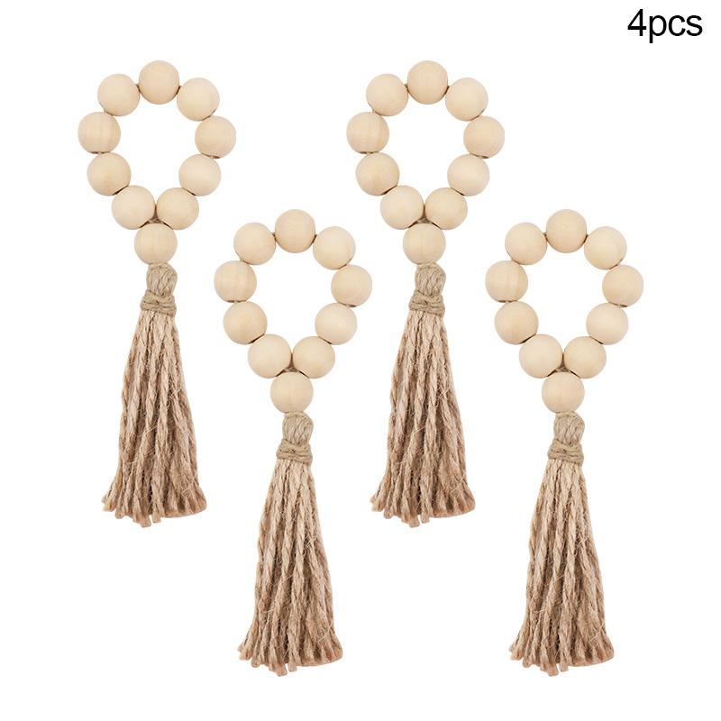 1/12Pcs Wooden Beads Napkin Rings with Tassels Rustic Wedding Table Napkin Holder Buckles Christmas Party Boho Home Decoration