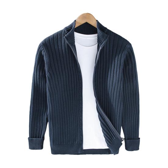 Fall Winter Men Coat Zipper Closure Knitted Cardigan Stand Collar Long Sleeves Solid Color Thick Elastic Loose Striped Texture Daily Wear Knit Jacket