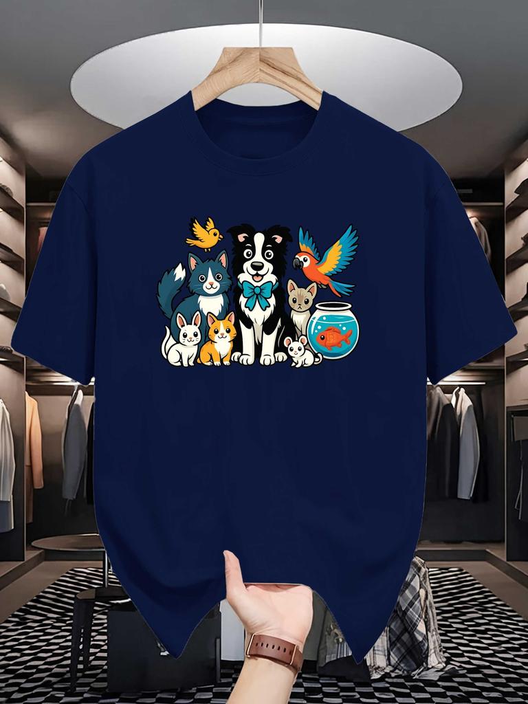 Unisex Crew Neck Tee Lovely Multi Pet Animal Group Cartoon Print Soft Cotton Loose Short Sleeve Summer Casual Male Streetwear Tops