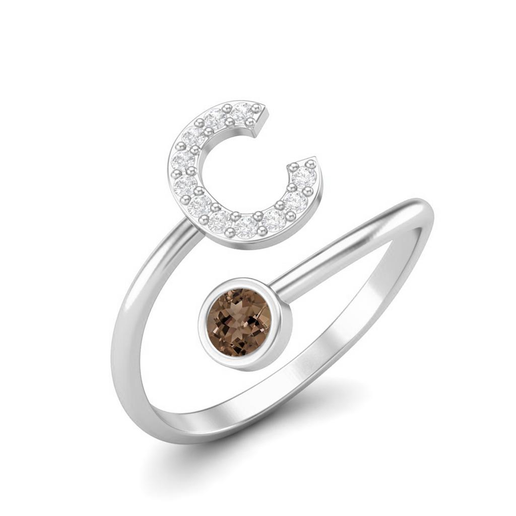 Capital C Initial Letter 3MM Round Smoky Quartz 925 Sterling Silver Women Adjustable Wedding Ring