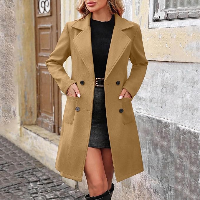 Damen Casual und Mode Jacke Einfarbig Revers Doppelknopf mit Taschen Mantel