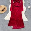 Elegant Square Neck Velvet Split Dress Women Solid Long Sleeve Chic Vintage Clothes Female Korean Fashion Ceremonial Midi Dresses 2024