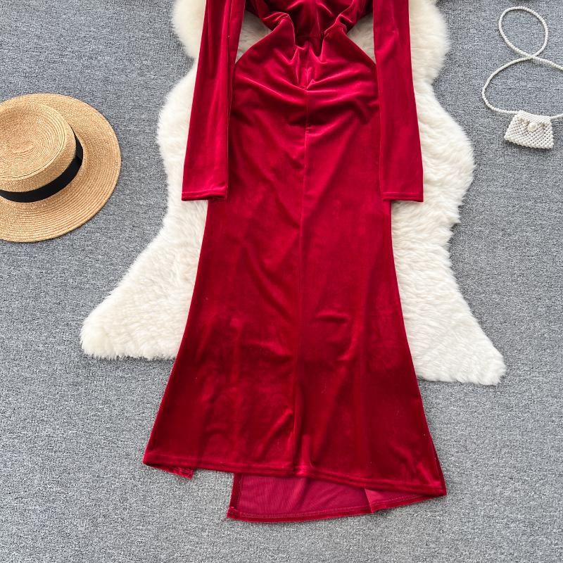 Elegant Square Neck Velvet Split Dress Women Solid Long Sleeve Chic Vintage Clothes Female Korean Fashion Ceremonial Midi Dresses 2024
