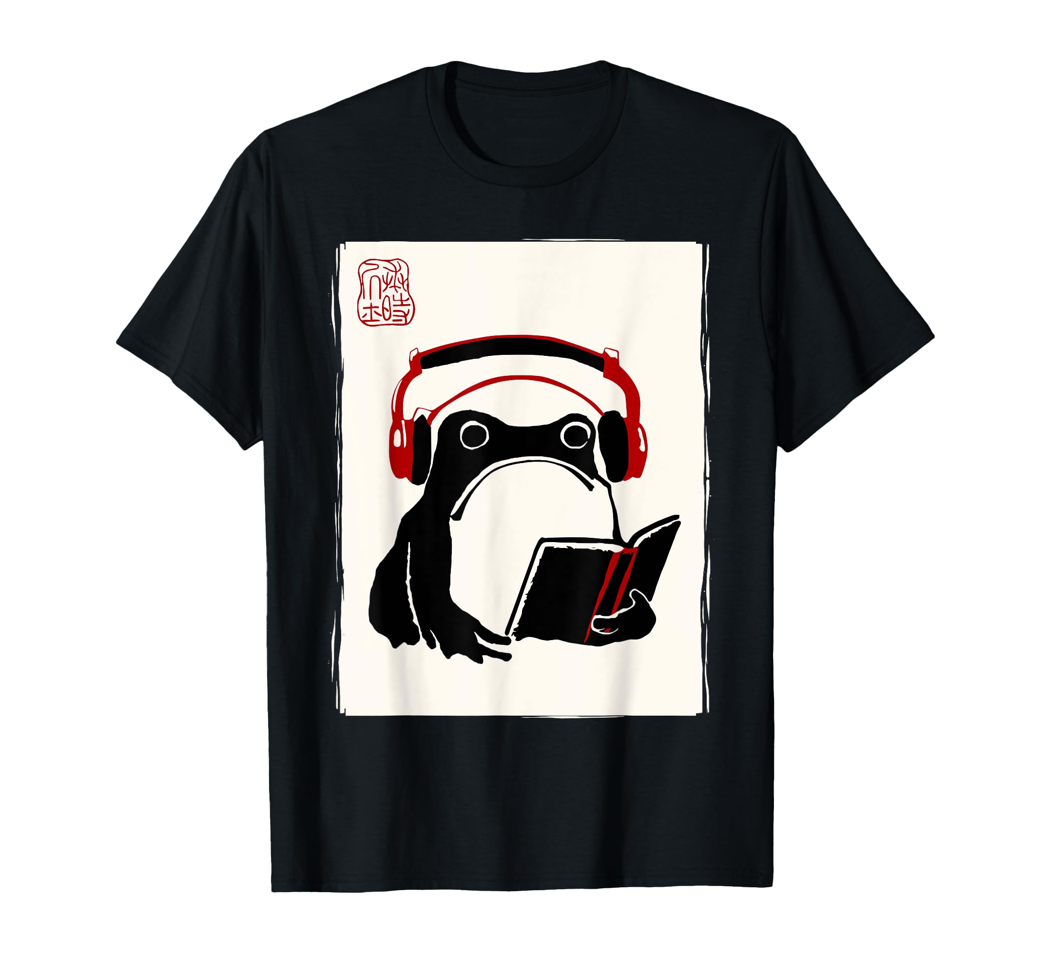 

Funny Grumpy Frog Book Music Kawaii Ink Japanese T-Shirt чорний