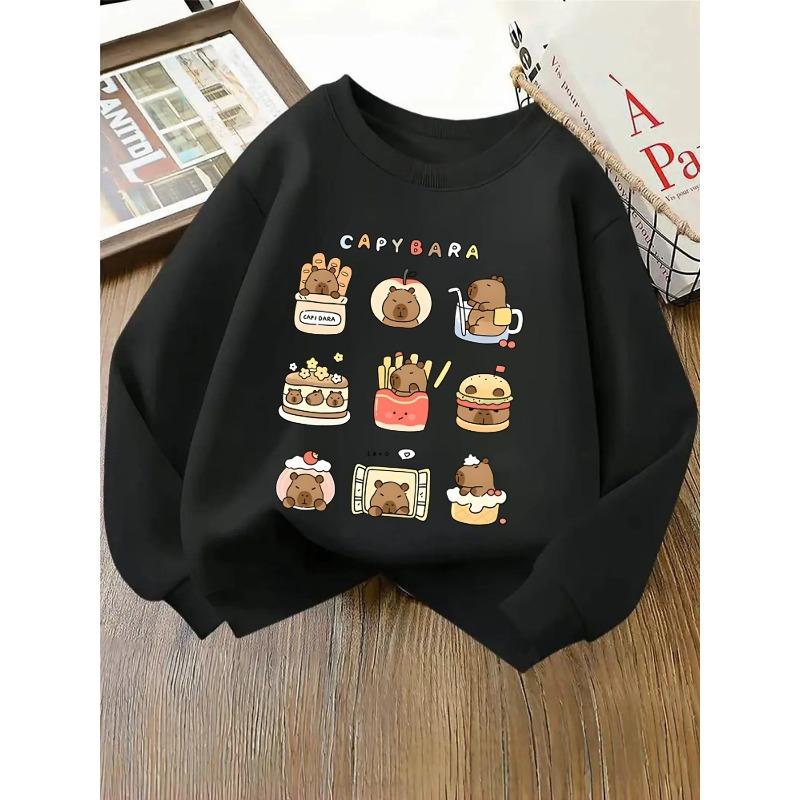 Crewneck Sweatshirt for Girls Featuring an Adorable Capybara Food Design, Suitable for Machine Washing 110 чёрный