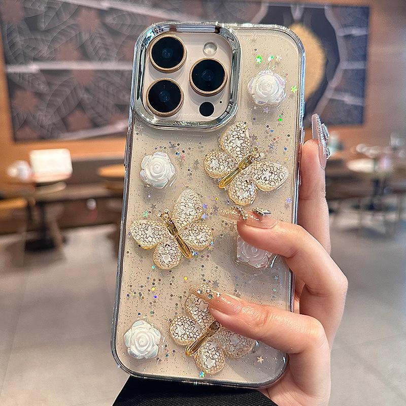 

Applicable To Apple 16promax Mobile Phone Case New IPhone 15 Three Dimensional Flower Butterfly 13PM Transparent 14 Anti Fall iPhone13ProMax