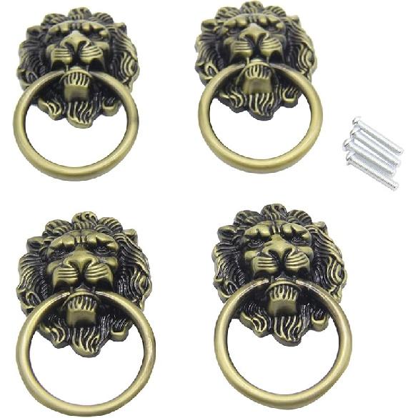 4 Pcs Vintage Lion Head Knobs Pulls Handles Antique Drawer Pull Ring Single Hole Decorative Hardware with Screws for Furniture Cabinet Cupboard Hand
